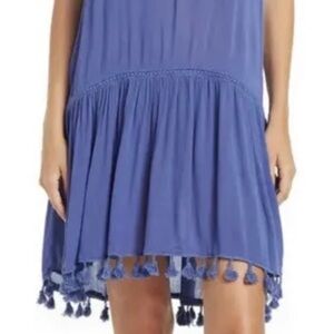 AREA STARS Beach Cover Up Dress Women’s L Pom Pom Hem Sundress Blue NWT